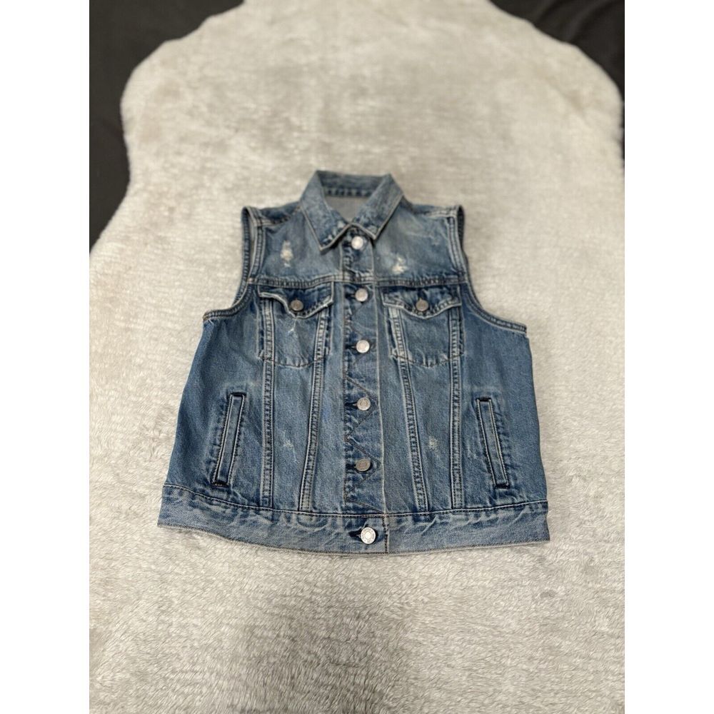 GAP 1969 Blue Denim Vest Distressed Trucker Jean Jacket Sleeveless Women's Small